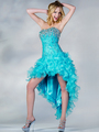 C7693 Sequin and Bead High Low Prom Dress - Turquoise, Front View Thumbnail