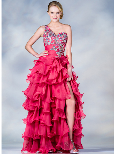 C7699 One Shoulder Floral Prom Dress - Hot Pink, Front View Medium
