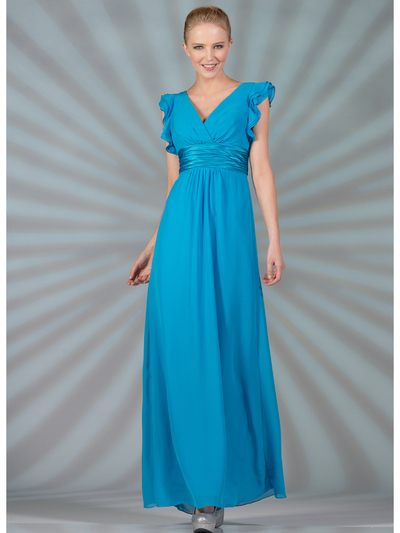 C7782L Satin Empire-Waist Evening Dress - Ocean Blue, Front View Medium