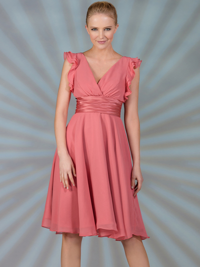 C7782S Flutter Sleeve Cocktail Dress - Coral, Front View Medium