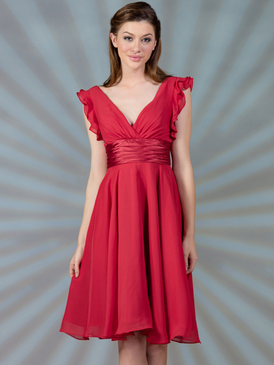 C7782S Flutter Sleeve Cocktail Dress - Red, Front View Medium