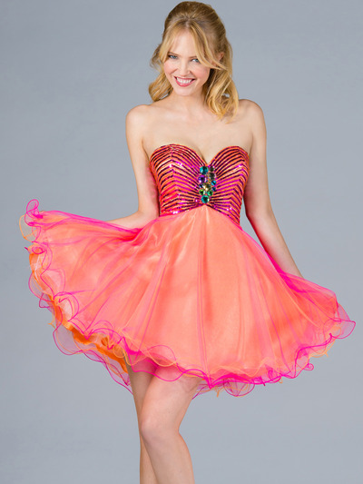 C780 Two-Toned Party Dress - Orange Fuschia, Front View Medium