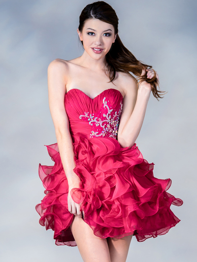 C781 Short Ruffled Prom Dress - Hot Pink, Front View Medium