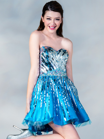 C782 Short Metallic Prom Dress - Dark Turquoise, Front View Medium