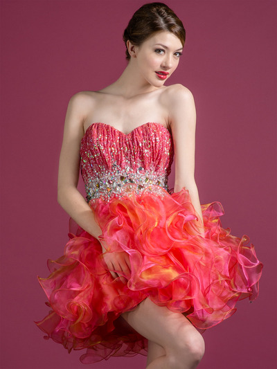 C784 Gems and Ruffles Prom Dress - Coral, Front View Medium