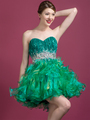 C784 Gems and Ruffles Prom Dress - Green, Front View Thumbnail
