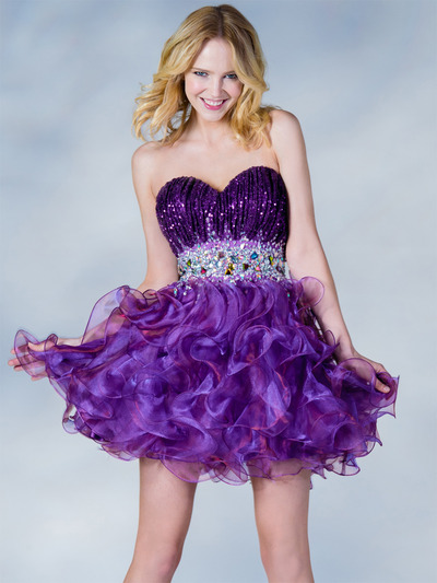 C784 Gems and Ruffles Prom Dress - Purple, Front View Medium