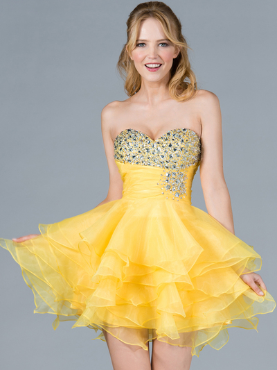 C786 Yellow Jeweled Layered Party Dress - Yellow, Front View Medium