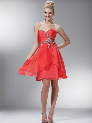 C788 Strapless Sweetheart Chiffon Homecoming Dress, Coral