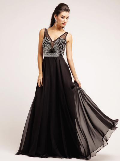 C7914 Sheer Sweetheart Crystal Bodice Evening Dress - Black, Front View Medium