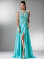 C7923 Flower Lace Beadwork Sleeveless Prom Dress - Aqua, Front View Thumbnail