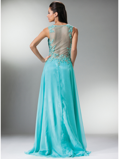 C7923 Flower Lace Beadwork Sleeveless Prom Dress - Aqua, Back View Medium