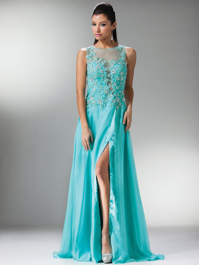 C7923 Flower Lace Beadwork Sleeveless Prom Dress - Aqua, Front View Medium