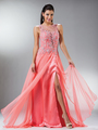 C7923 Flower Lace Beadwork Sleeveless Prom Dress - Coral, Front View Thumbnail