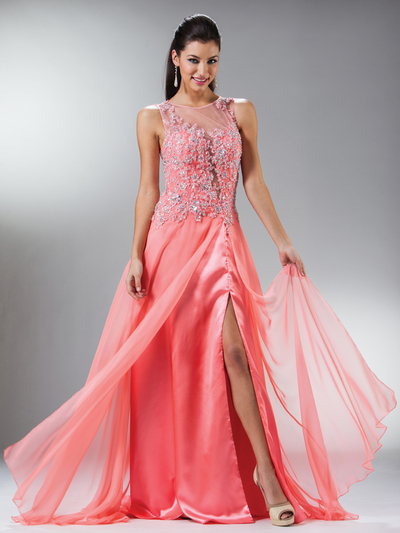 C7923 Flower Lace Beadwork Sleeveless Prom Dress - Coral, Front View Medium