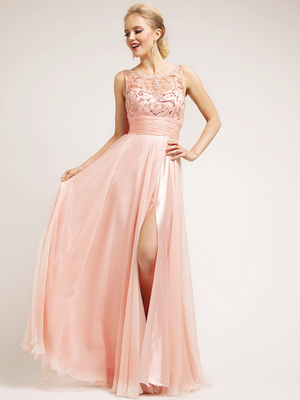 C7929 Blush Sleeveless Lace Ruche-Band Waist Side Split Evening Dress, Blush