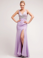 C7937 Bold V-Neckline Jeweled Lavender Side-Split Evening Dress - Lavender, Front View Thumbnail