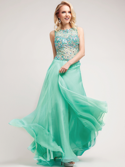 C7939 Shimmering Sheer Prom Dress - Mint, Front View Medium