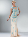 C7947 Floral Inspired Evening Gown - Aqua Nude, Front View Thumbnail