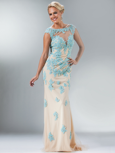 C7947 Floral Inspired Evening Gown - Aqua Nude, Front View Medium