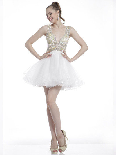 C8801 Beaded Bodice V-Neck Homecoming Dress - Cream, Front View Medium