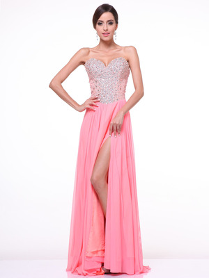 C90344 Strapless Sweetheart Evening Dress with Slit, Salmon