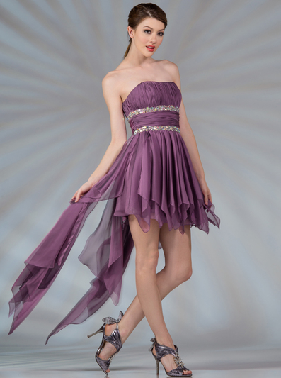 C9197 Handkerchief High Low Prom Dress - Plum, Front View Medium
