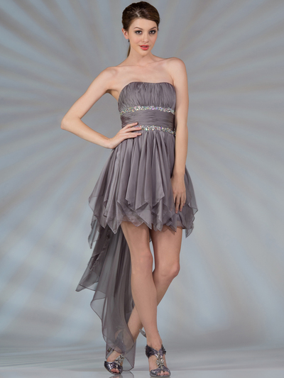 C9197 Handkerchief High Low Prom Dress - Silver, Front View Medium