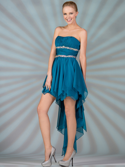 C9197 Handkerchief High Low Prom Dress - Teal, Front View Medium
