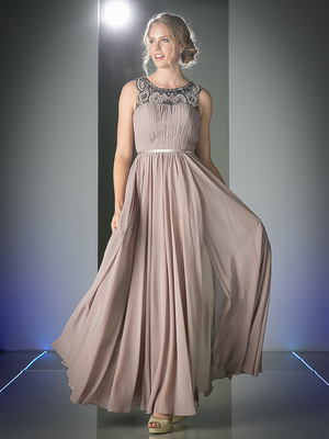 CD-1588 Beaded Boat Neck Long Evening Dress, Khaki