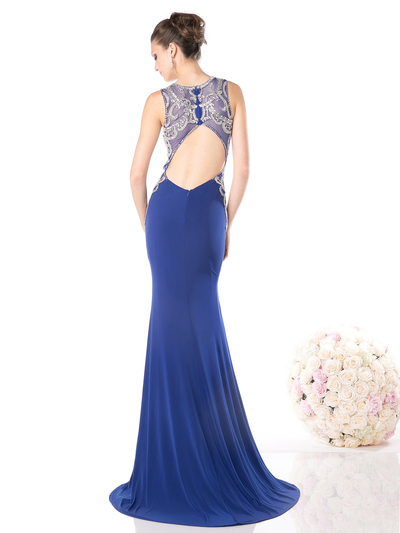 CD-61073 Illusion Sleeveless Evening Dress - Royal, Back View Medium