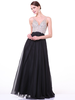 CD-7910 Embellished V-Neck Chiffon Evening Gown , Black