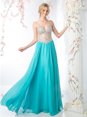 CD-81329 Illusion Bodice V-Neck Prom Dress, Aqua