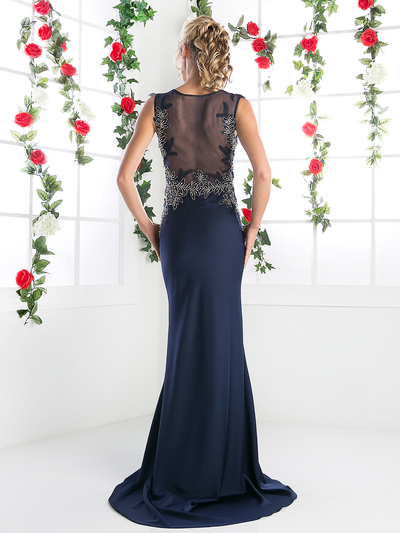 CD-8912 Long Beaded Evening Dress with Illusion Bodice - Navy, Back View Medium