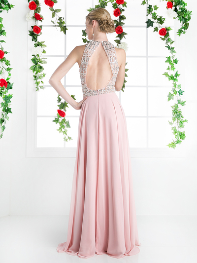 CD-8915 Halter Beaded Top Prom Evening Dress - Blush, Back View Medium