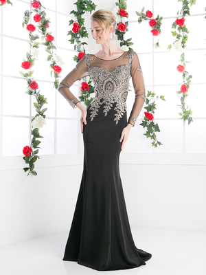 CD-8916 Illusion Embellished Long Evening Dress , Black