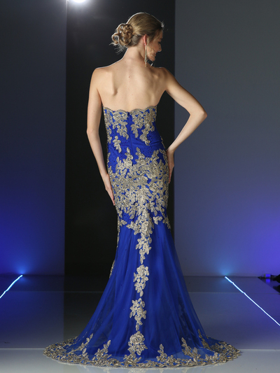 CD-8930 Strapless Long Evening Dress with Golden Applique - Royal, Back View Medium