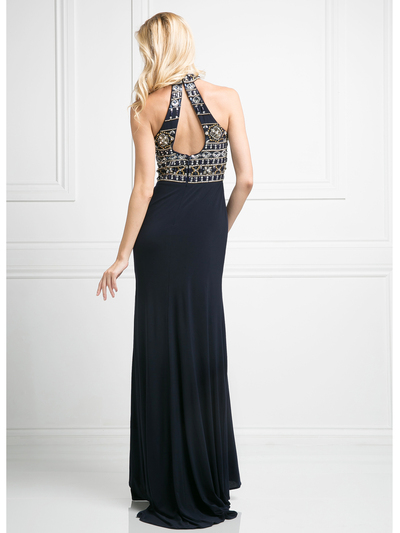 CD-972 Halter Beaded Evening Gown  - Navy, Back View Medium