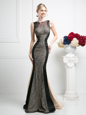 CD-CB764 Two Toned Evening Gown with Lace Panel, Black Nude
