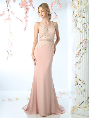 CD-CD491 Halter Applique Long Prom Dress with Train, Blush