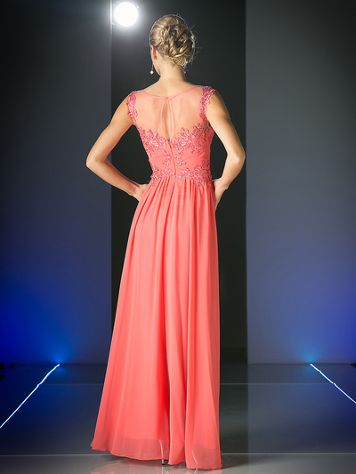 CD-CF005 Illusion Scope Neck Evening Dress - Coral, Back View Medium