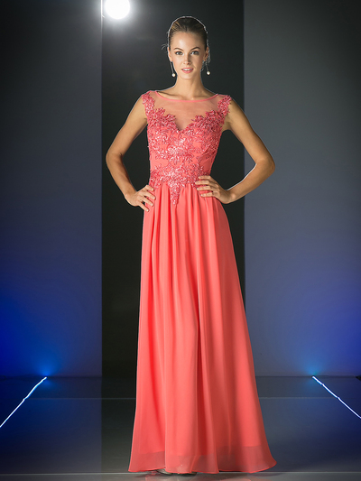 CD-CF005 Illusion Scope Neck Evening Dress - Coral, Front View Medium