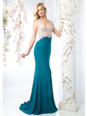CD-CF301 Sleeveless Illusion Embellished Evening Dress , Teal
