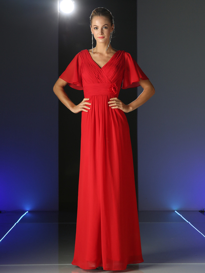 CD-CH1513 V-neck Evening Dress with Pleated Bodice - Red, Front View Medium