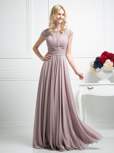 CD-CJ108 Pleated Bodice Evening Dress with Cap Sleeve - Mauve, Front View Medium