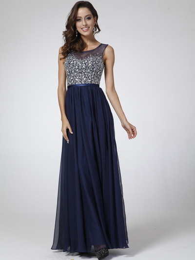 CD-CJ90 Illusion Beaded Evening Dress - Navy, Front View Medium