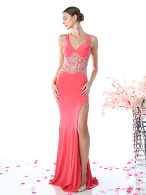 CD-CK17 Long V-Neck Evening Dress with Slit, Coral