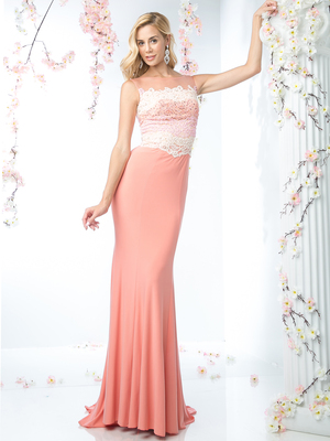 CD-CR702 Long Evening Dress with Floral Applique Top, Salmon