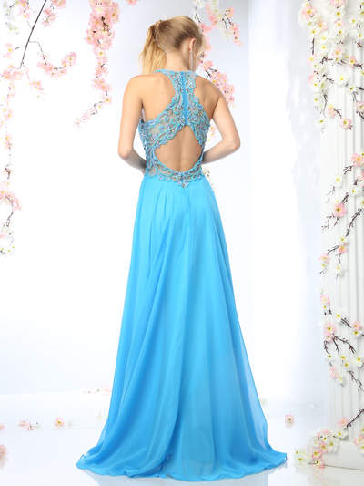 CD-CR730 Halter Top Beaded Evening Dress - Perry Blue, Back View Medium
