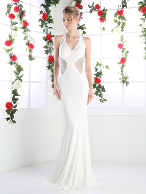 CD-CR743 Halter V-Neck Evening Dress with Side Cut Out, White